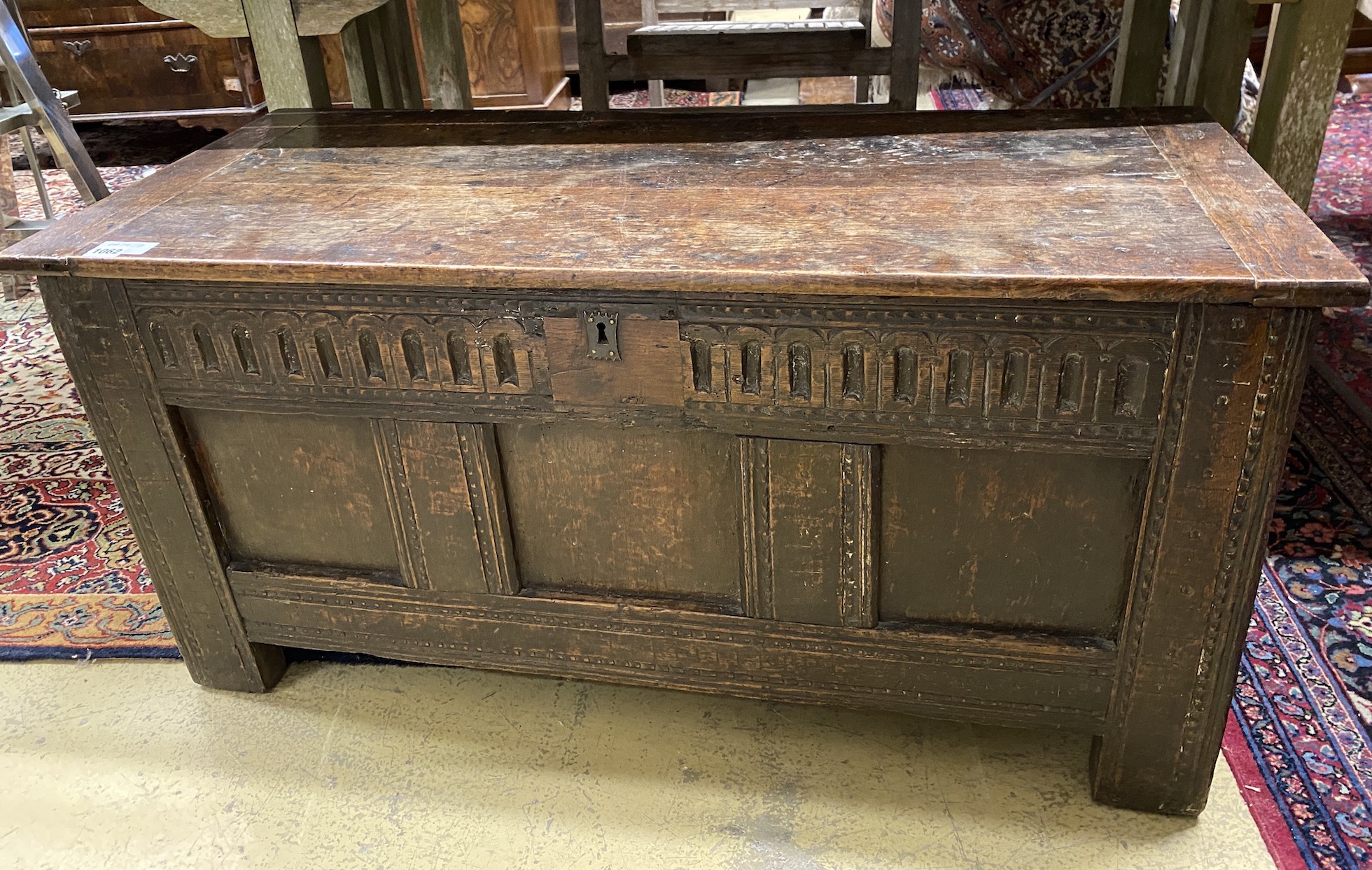 A late 17th century panelled oak coffer, width 104cm, depth 46cm, height 51cm